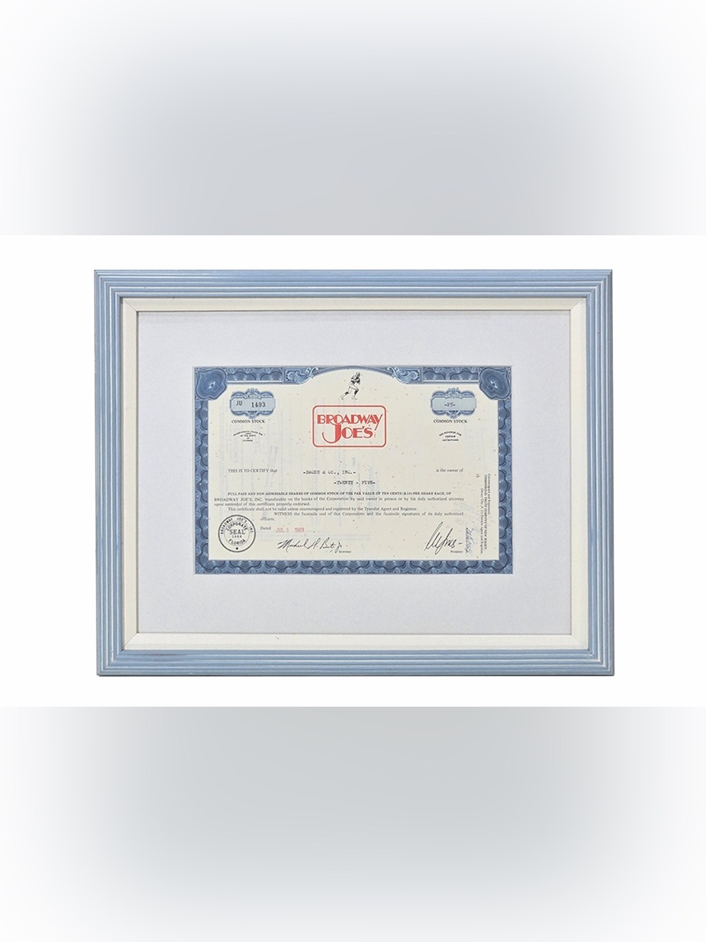 ART Broadway Joe's Framed Certificate in Blue and White.
